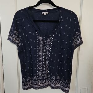 Lucky Brand Navy Blue Tee with White Patterns- XL